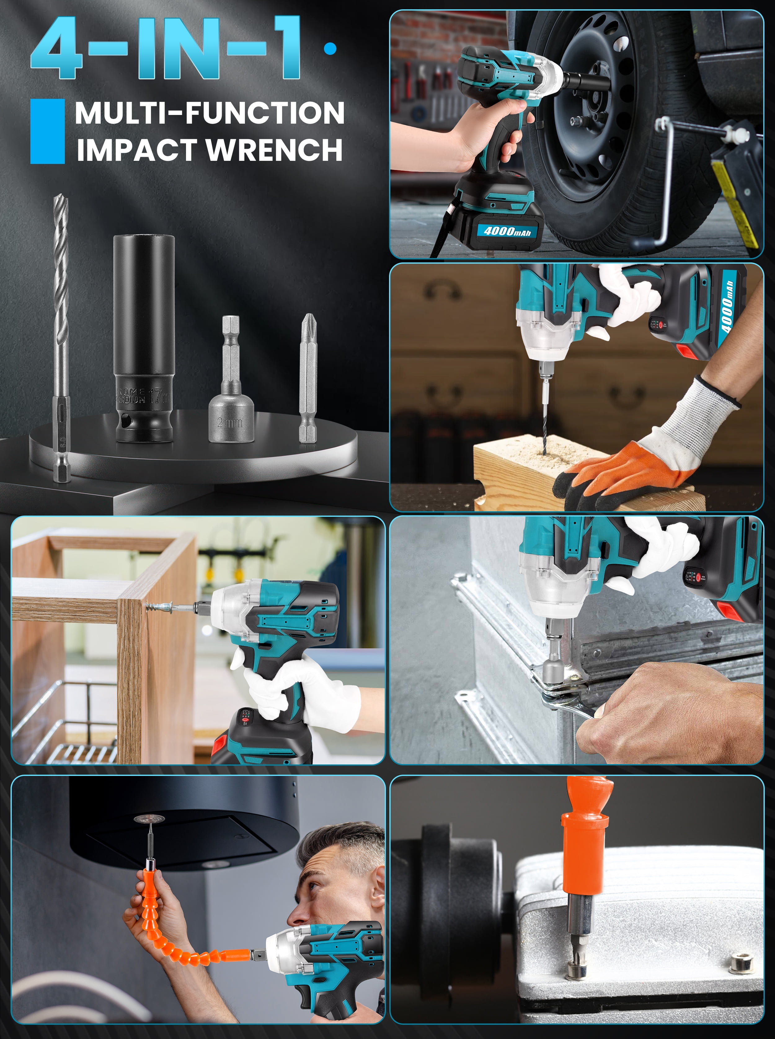 RELOIVE Cordless Impact Wrench 1/2", 553ft-lbs (750N.m) High Torque Impact Wrench with 2x 4.0Ah Batteries Brushless Motor Electric Impact Gun Impact Driver for Car Home