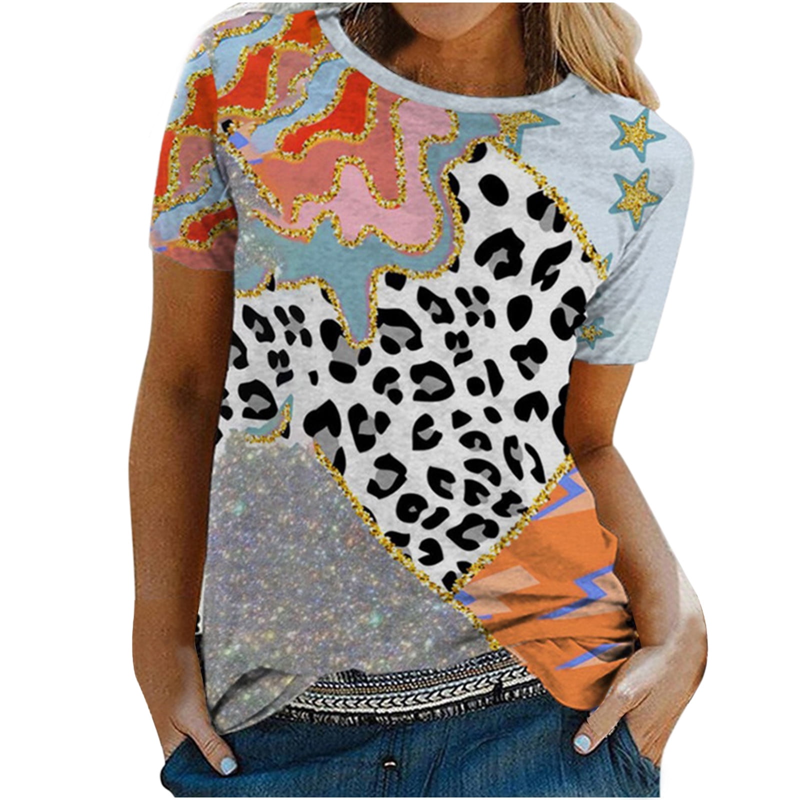 Women's Round Neck Leopard Print Short Sleeve Loose T Shirt Tops Blouse Summer