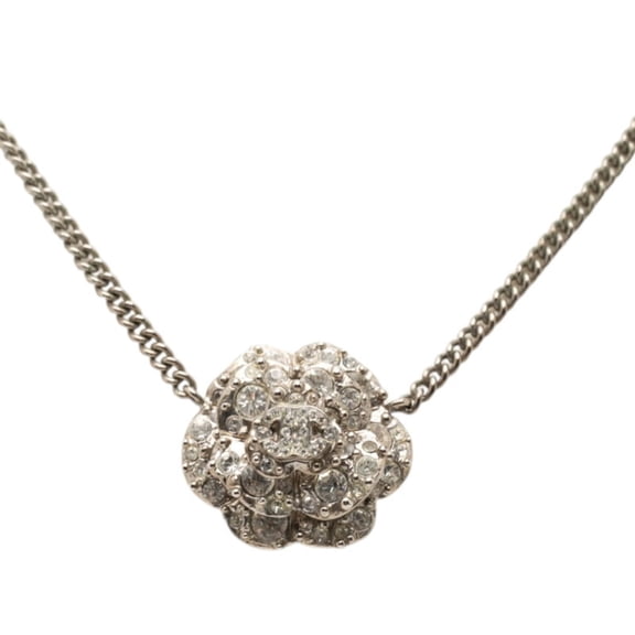 Pre-Owned Chanel Camellia Coco Mark Necklace, Silver Metal Rhinestone, Women's CHANEL