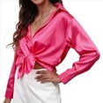 thumbnail image 3 of Blusas de Satén con Cuello en V y Larga para Mujer, Blusas de Seda de Verano, Moda 2025 Rosa Roja M, 3 of 9