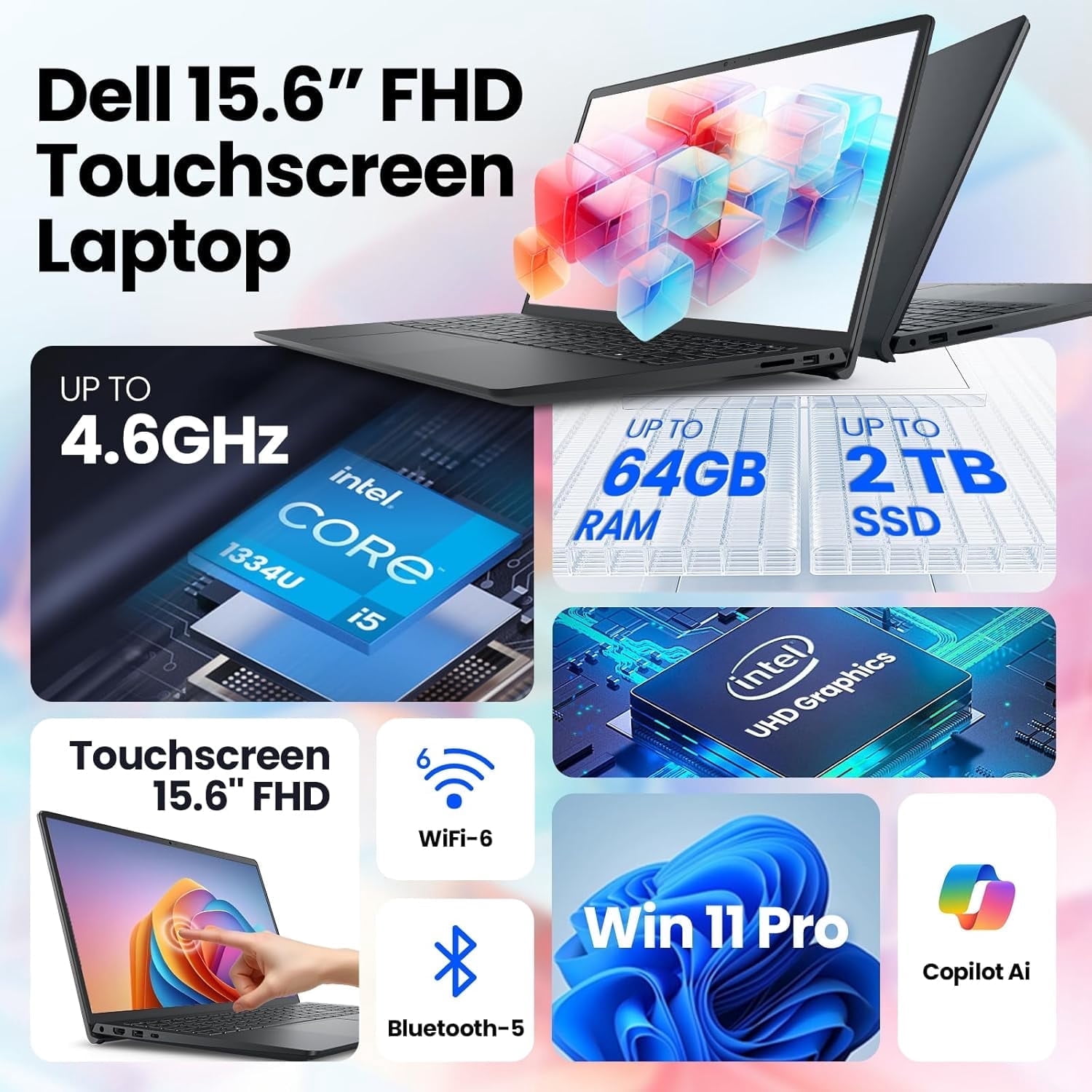 Dell Inspiron 15 Touchscreen Laptop - 15.6" FHD Display, Intel 10-Core i5-1334U (Up to 4.6GHz), 12GB RAM, 512GB SSD, Copilot AI, WiFi6, Windows 11 Pro