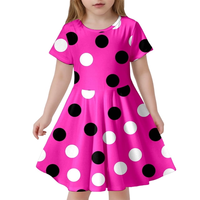 Robes Décontractées pour Tout-Petites Filles Été à Pois Col Rond Manches Courtes Coupe Ajustée Ligne A Mode Robe d'Été Tenue de Vacances, Rose, 4-5 Ans