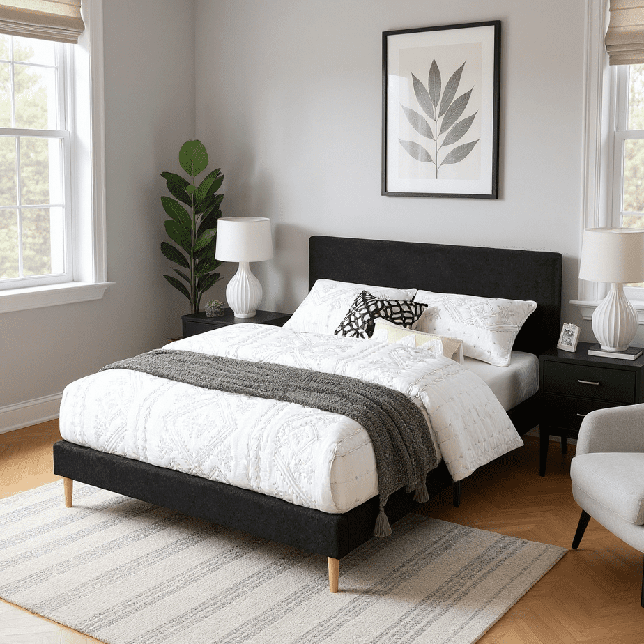 BSHTI Livingroom Design Modern King Size Platform Bed Frame with Upholstered Headboard and wood slats support for Livingroom,No Box Spring Needed