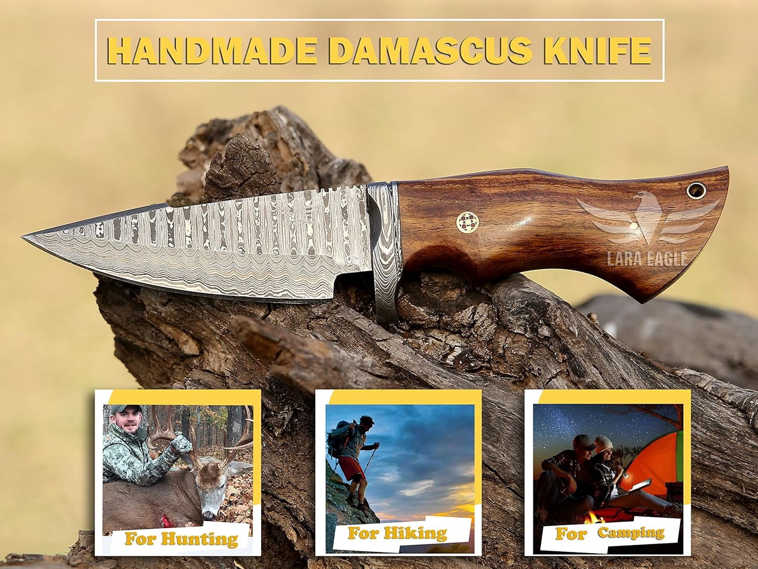 Lara Eagle Bobcat Fixed blade Skinning Knife for Camping, Handmade damascus Hunting Knifves with Leather Sheath, Size 10" sharp outdoor knife