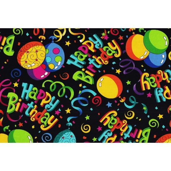 Fabric Traditions Happy Birthday Balloons on Black 100% Cotton Novelty Fabric