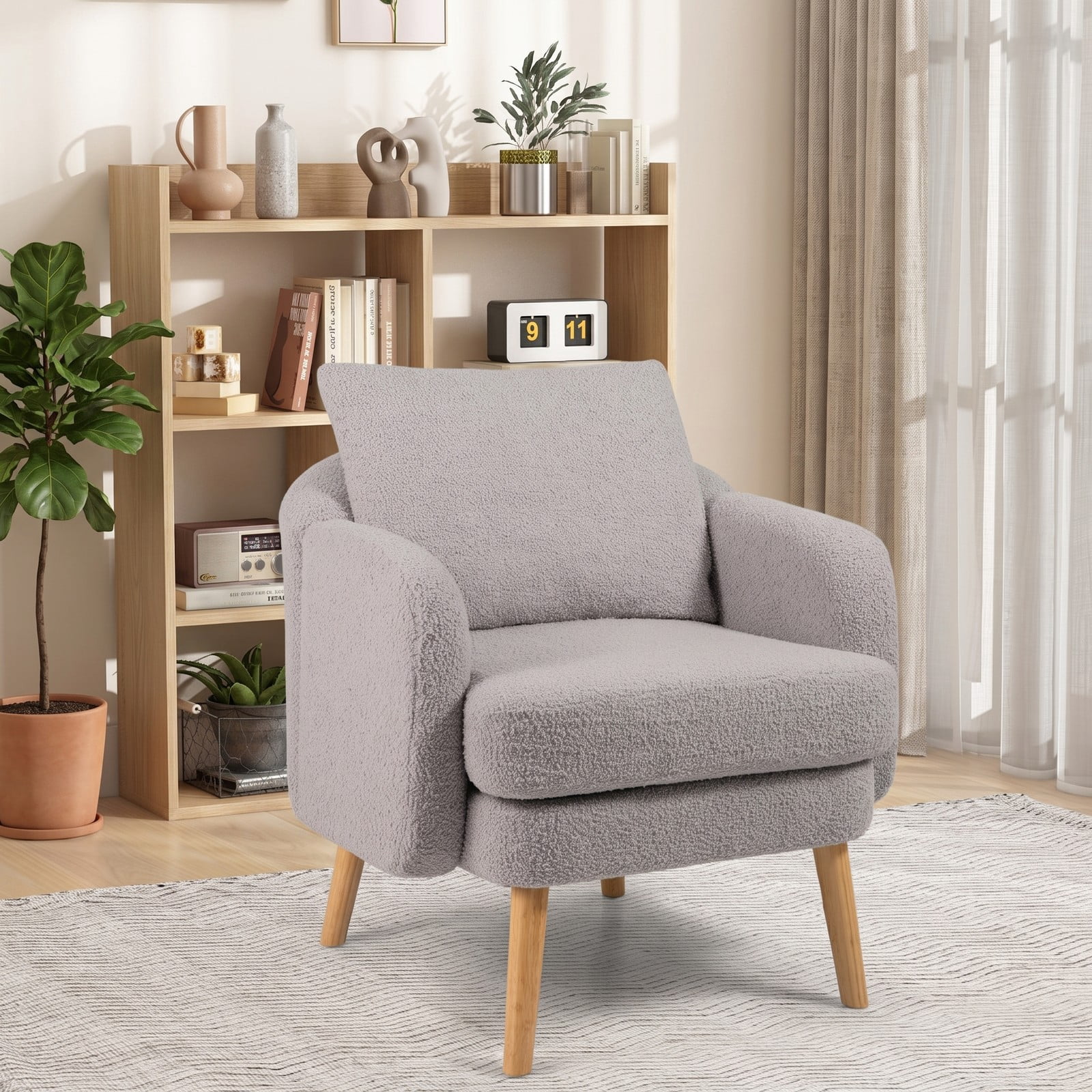 Furnibear Sherpa Accent Chair, Modern Upholstered Living Room Armchair with Seat Cushion and Lumbar Pillow, Solid Rubber Wood Legs, Cozy Single Sofa Chair for, Grey