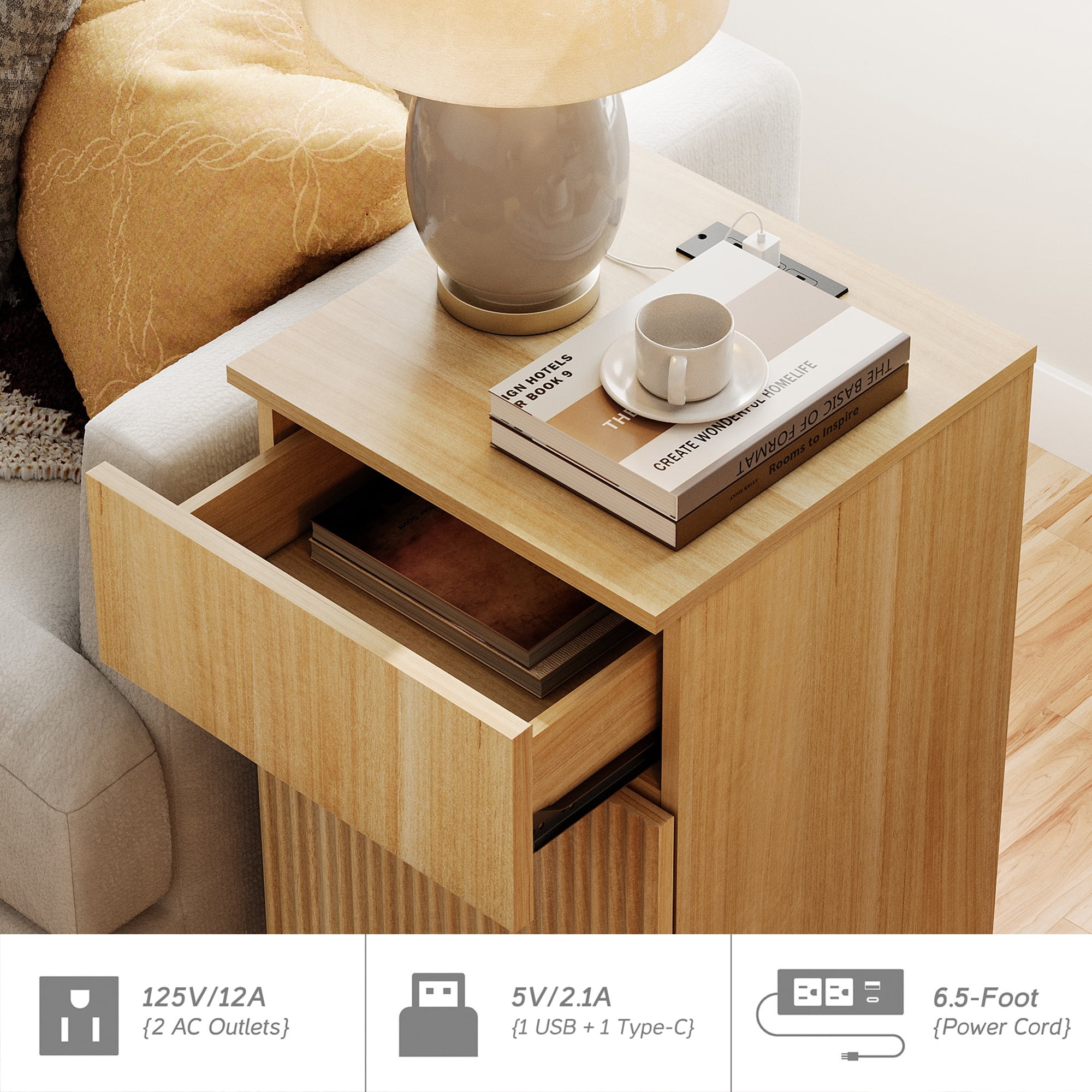 63" Modern Wood 3-Drawer Dresser with Reeded Design, Minimalist Dresser Organizer Storage With Charging Station for Bedroom,Living room, Entryway