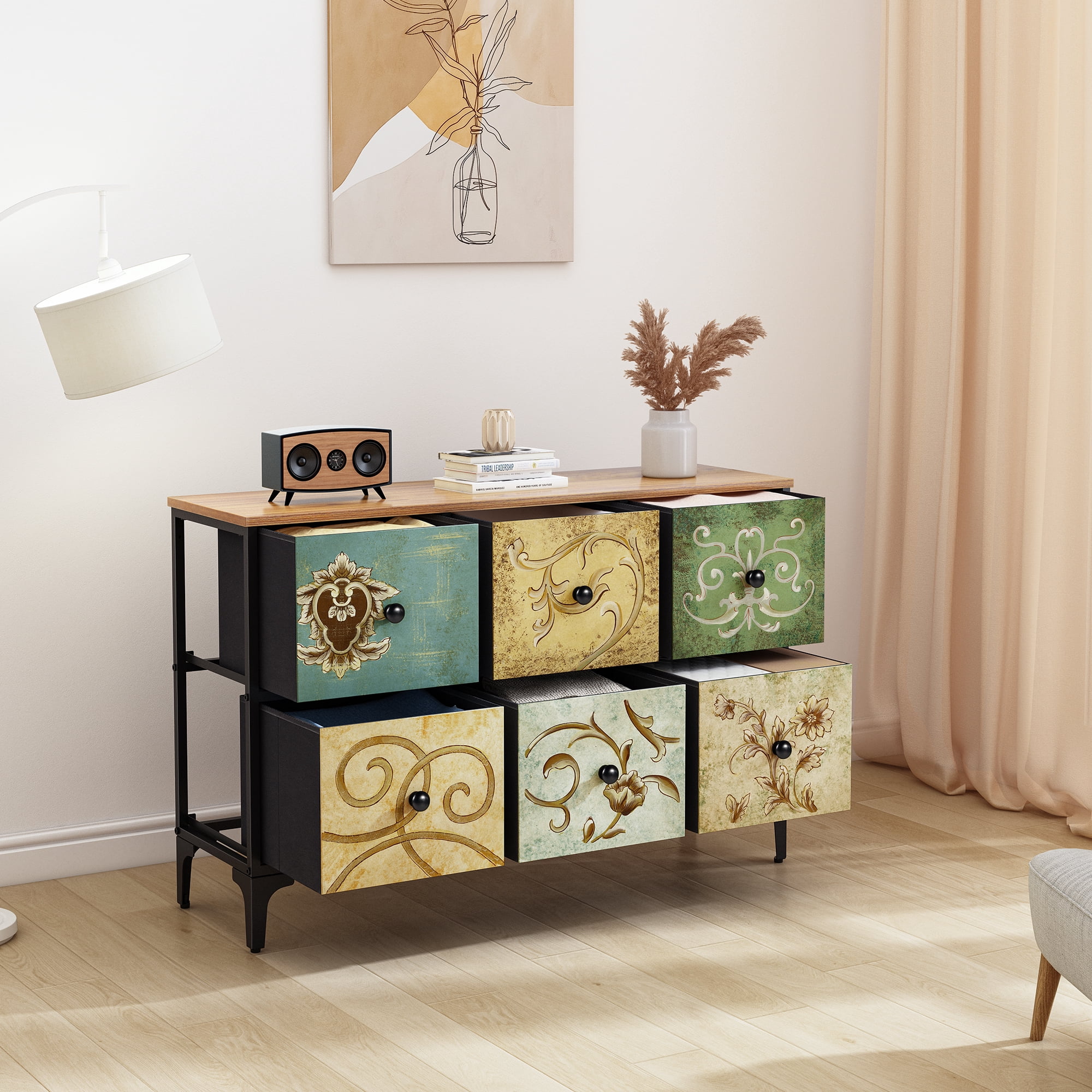 Dresser TV Stand for Bedroom, Wide Dresser with 6 Drawers, Console Table Chest of Drawers Fabric Dressers for Kids, Living Room, Closet, Entryway,Sturdy Steel Frame and Wooden Top