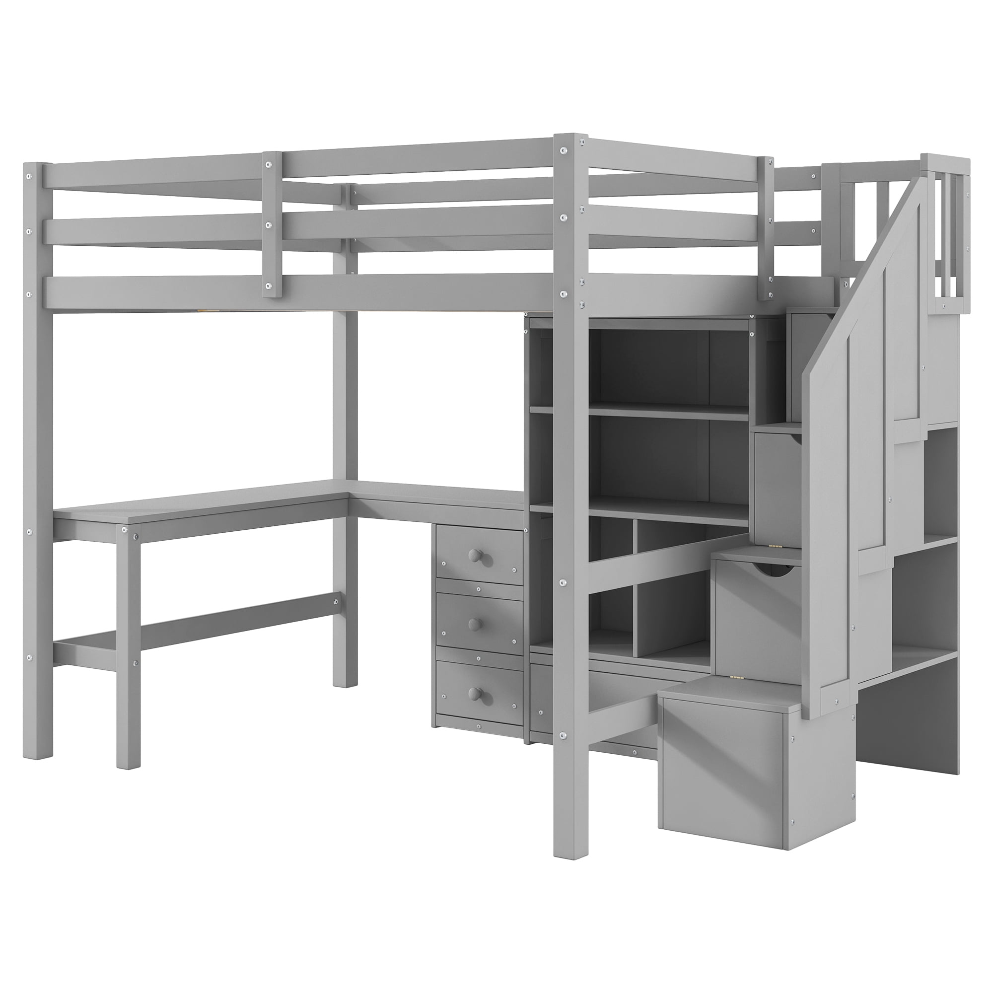 Euroco Full Size Pine Wood Loft Bed with Desk and Cabinets for Kids Teens Room, Storage Staircase Shelf, Gray