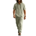 thumbnail image 3 of Mens 2 Piece Linen Set Summer Beach Short Sleeve Button Down Hooded Shirt Long Pant Vacation Casual Outfit with Short Sleeve Button-Up Top and Relaxed Long Pants Army Green L, 3 of 6