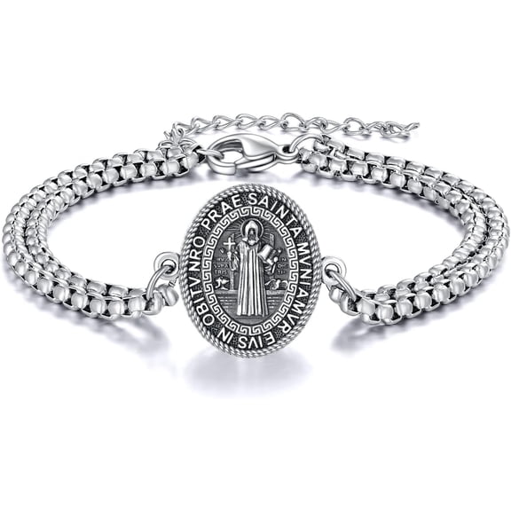 JUSORA Saint Benedict Bracelet 925 Sterling Silver Religious Medal Bracelet Religious Protector Jewelry Gift for Women Men