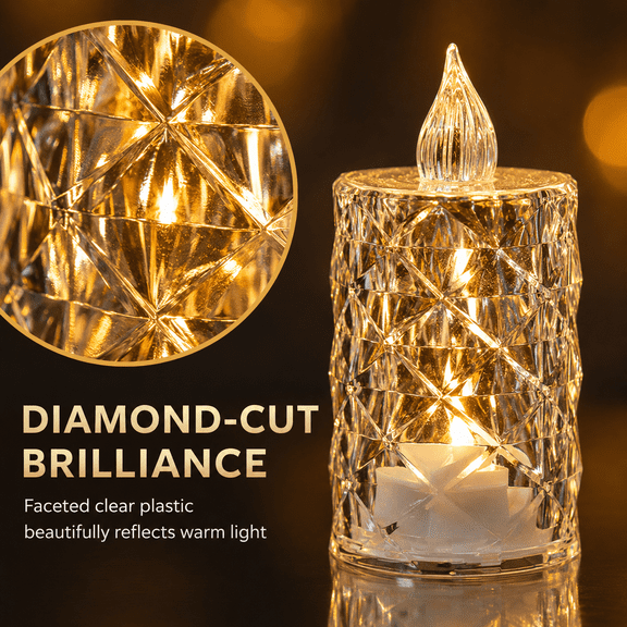 12 pcs Flameless Crystal Candle, Flameless -Shape Candle, with Battery-Powered LED Tea Lights, Warm White, for Birthday Weddings, Tables, Christmas Ambient Lights(1.42" 2.56")