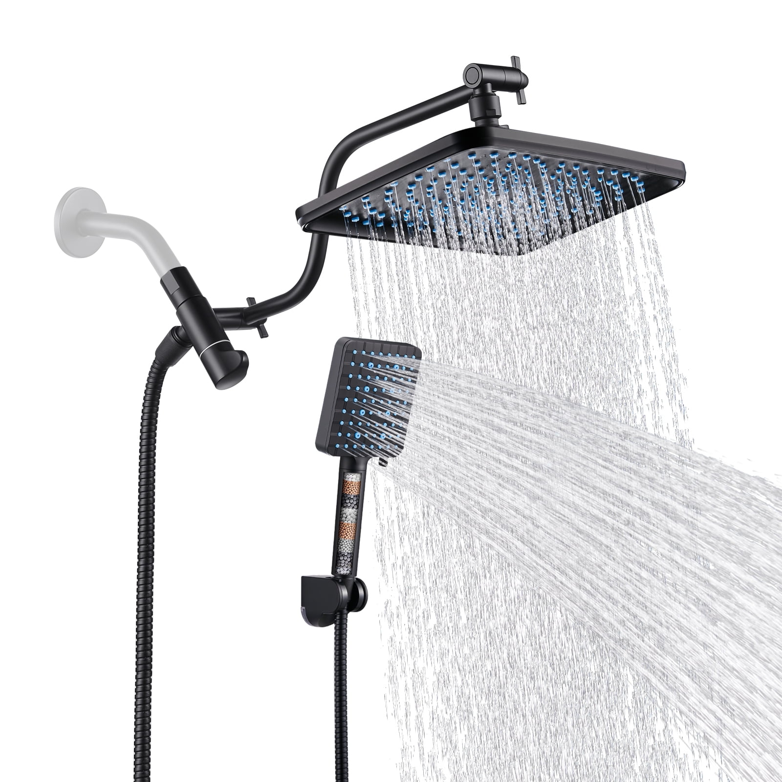 Cobbe 12 Inch Rain Shower Head Combo, High Pressure Handheld Shower Head with Filter, Arm Height Adjustable, 9 Spray Filtered Shower Head, Matte Black
