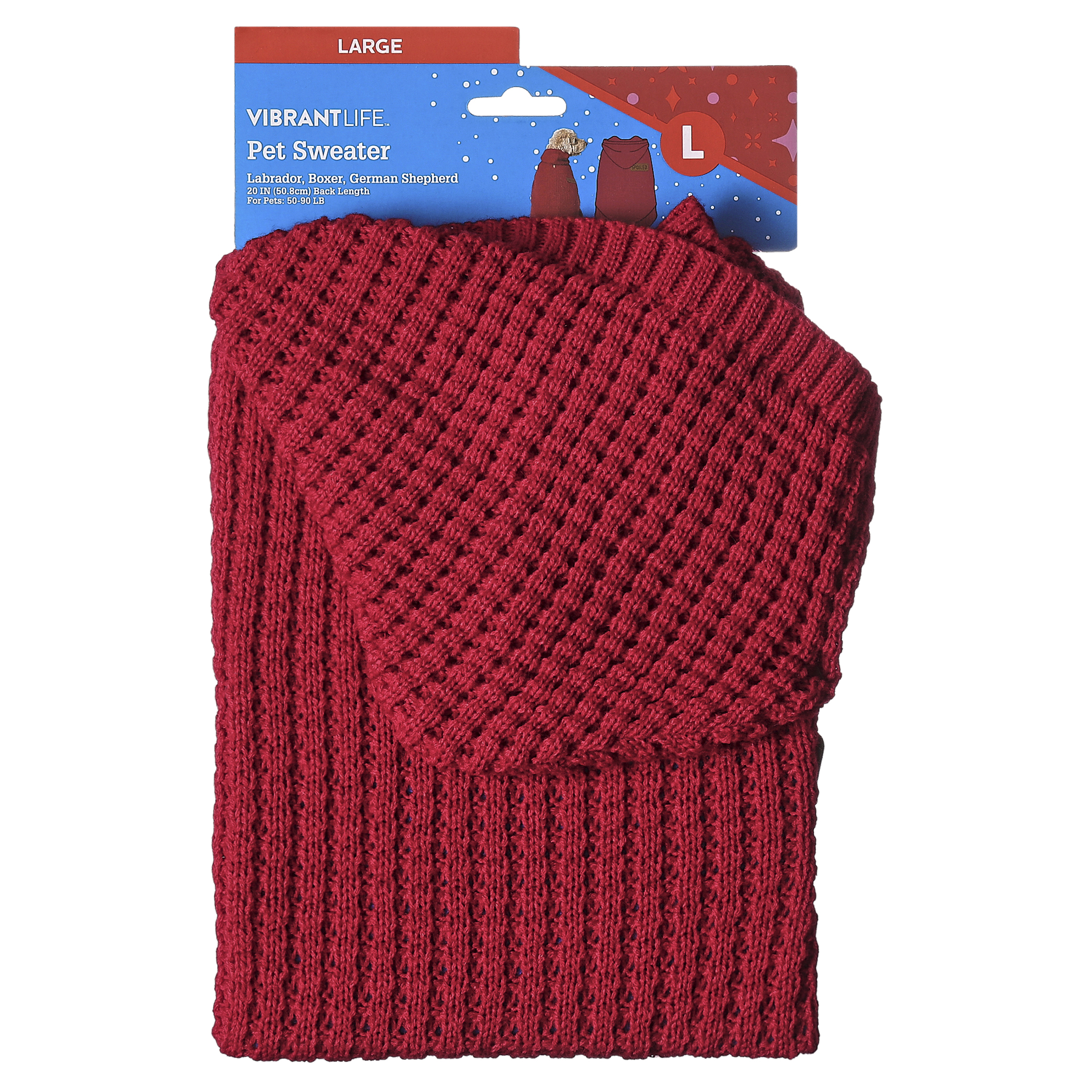 Vibrant Life Holiday Pet Sweater for Dogs, Spoiled Waffle Knit, Red, Large