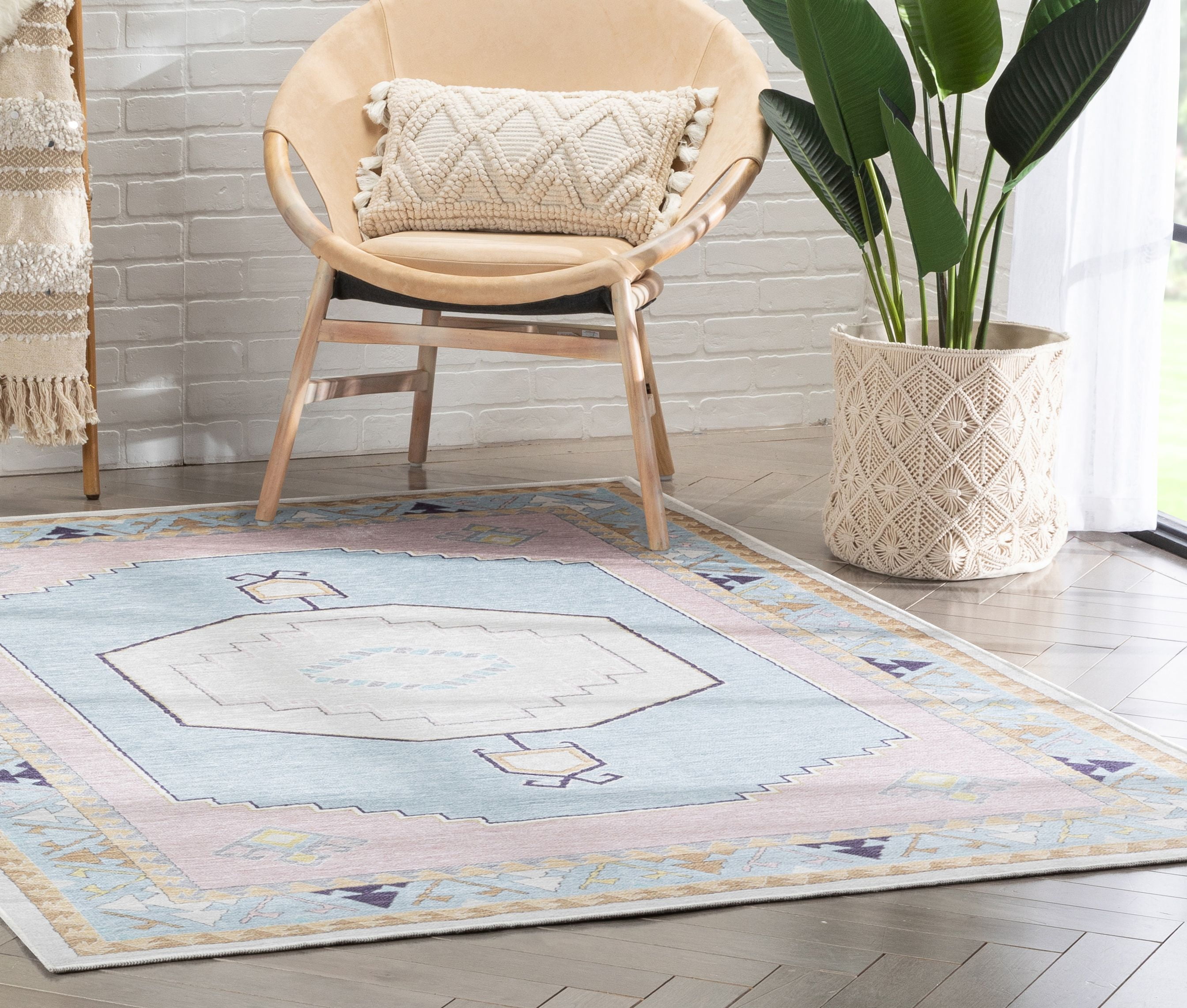 Well Woven Kids Rugs Ethnic Soft Medallion Modern Pink Light Blue Printed Distressed Machine Washable 3'3" x 5' Area Rug