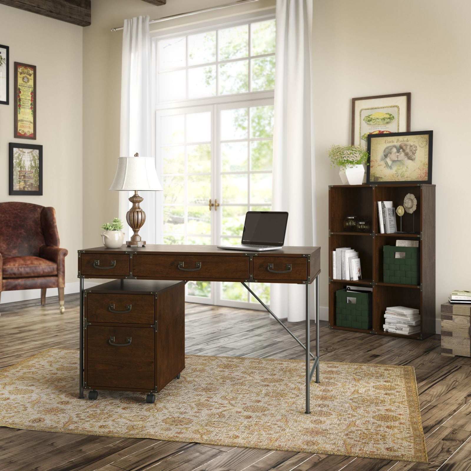Kathy Ireland By Bush Office Ironworks Coastal Cherry 48 In W Writing Desk 2 Drawer Mobile Pedestal And 6 Cube Bookcase Kathy Ireland By Bush Office Ironworks Coastal Cherry 48 In W Writing Desk 2 Drawer Mobile Pedestal And 6 Cube Bookcase