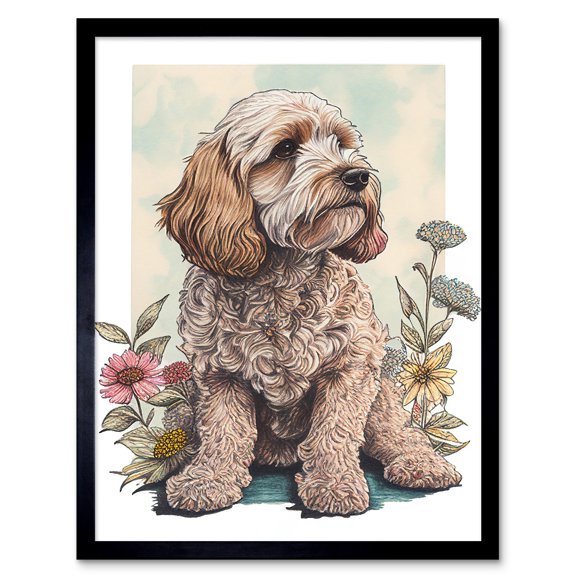 Cockapoo Dog with Spring Wildflowers Soft Watercolour Illustration Art Print Framed Poster Wall Decor 12x16 inch