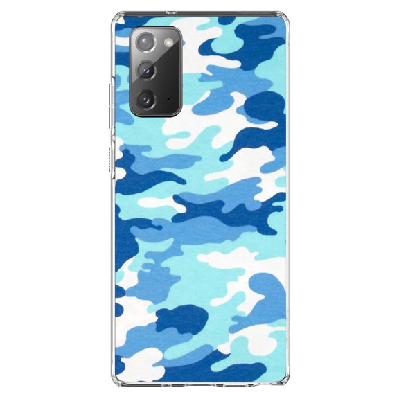 DistinctInk Clear Shockproof Hybrid Case for Samsung Galaxy Note 20 (6.7" Screen) - TPU Bumper, Acrylic Back, Tempered Glass Screen Protector - Blue White Camouflage - Camouflage Pattern