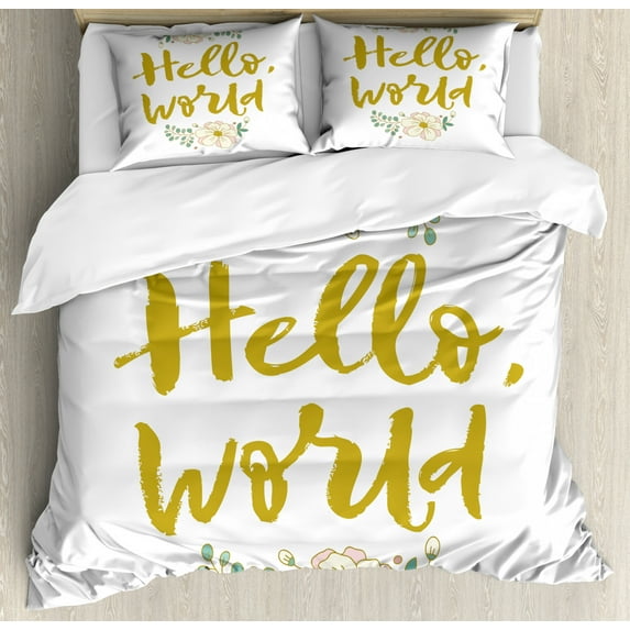 Hello World Duvet Cover Set King Size, Hand Drawn Brush Lettering Pastel Toned Flowers, Decorative 3 Piece Bedding Set with 2 Pillow Shams, Dark Khaki Sea Green Pale Pink and Ivory, by Ambesonne