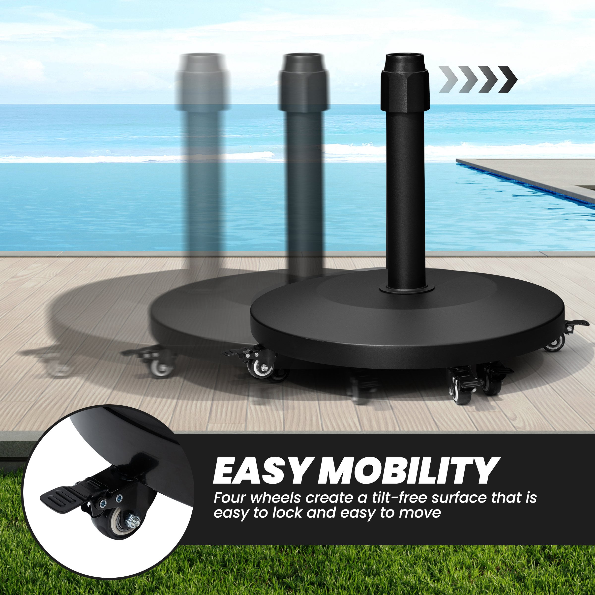 Crestlive Products 55 lbs Round Heavy Duty Concrete Patio Umbrella Base with 4 Wheels, Black