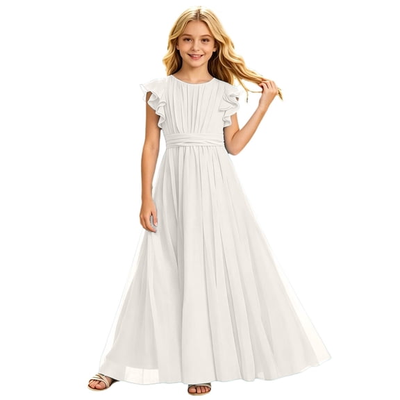 ZHOGXU Kids Classic Dresses For Girls Fly Sleeve O Neck Solid Color Flowy Pleated Gown Birthday Party Outfit