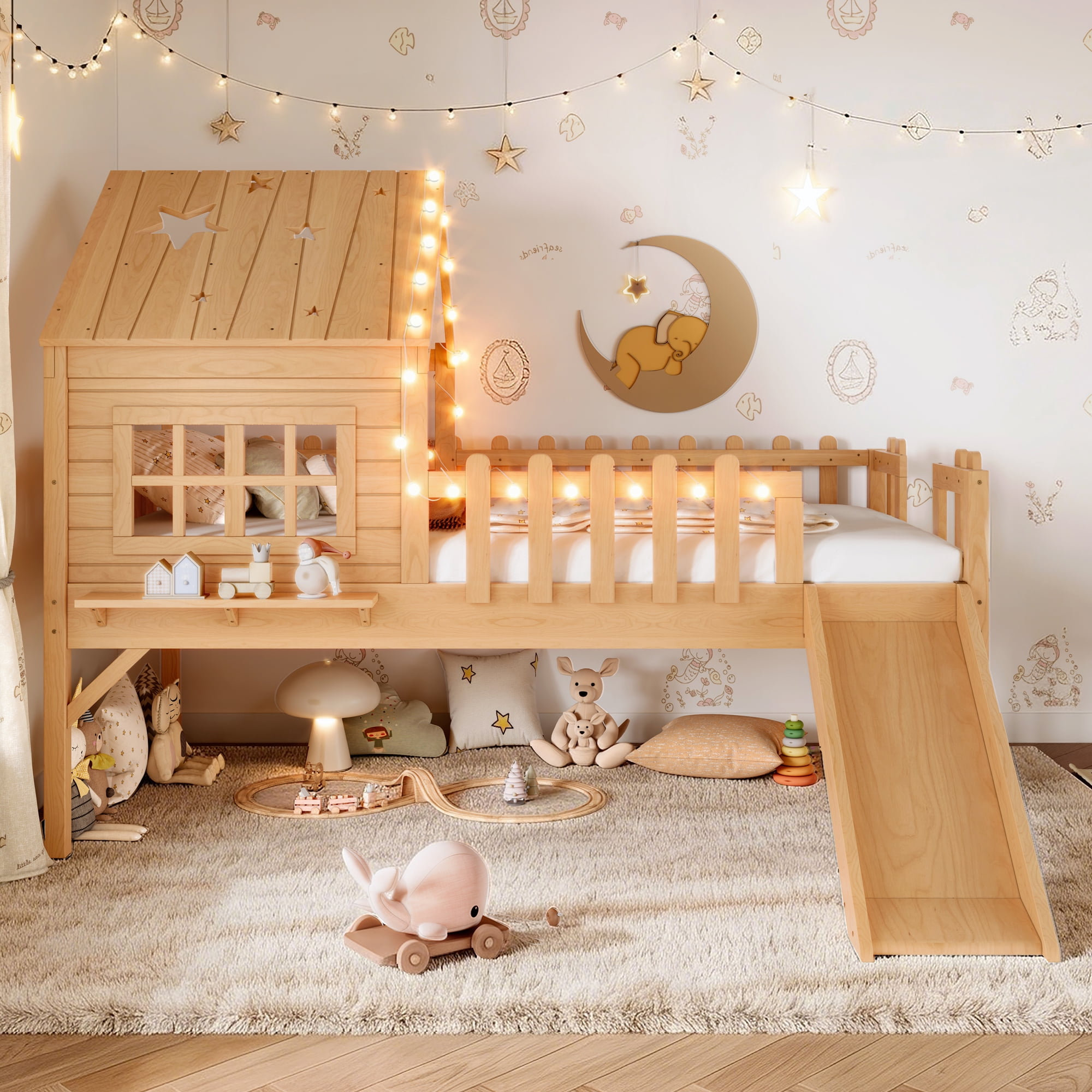 Mintazer Twin Size Kids House Loft Bed with Slide & LED Lights, Modern Playhouse Bed with Star Shaped Designs & Ladder, No Box Spring Needed, Natural