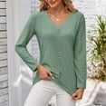 thumbnail image 4 of ATOYSOY Casual Loose Eyelet Shirts for Women V Neck Pullovers Button Trendy Long Sleeve Tees Solid Color Tops Outwear Fall Green XL, 4 of 7