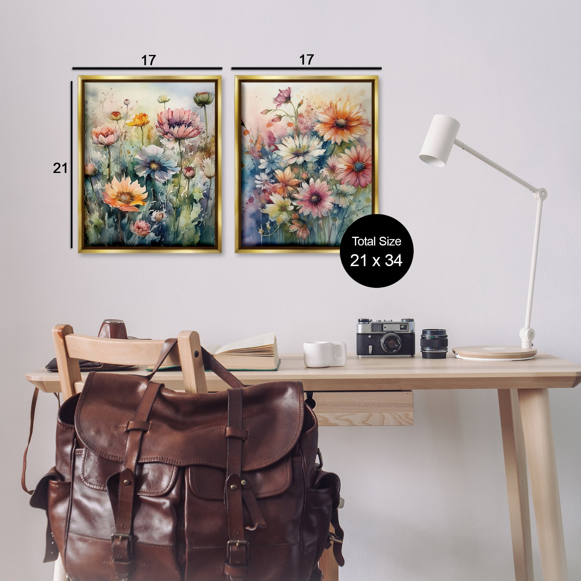Stupell Industries Watercolor Daisy Field Flowers Plants & Flowers Painting Gold Floater Framed Canvas Art Print Wall Art, 17 x 21, Set of 2