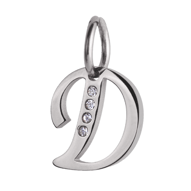 Charm para Pulsera LuckyLy, Dije Inicial Letra A, Acero Inoxidable y Zirconia Cúbica, Modelo Lizzy plateado Letra D