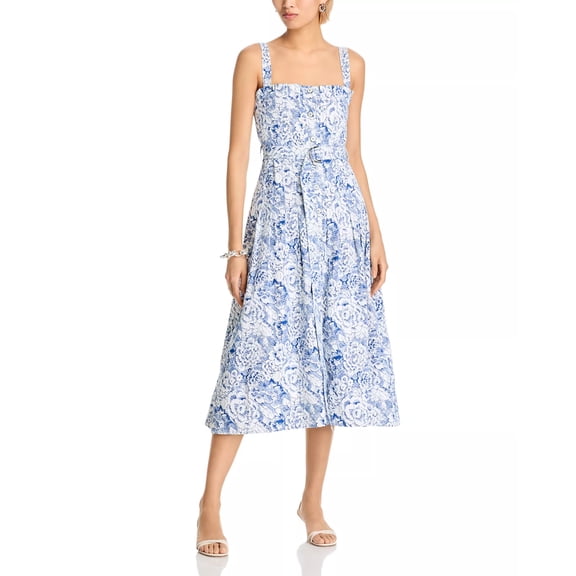 Cinq a Sept WHITE/DARK CERULEAN Women's Sketchbook Floral Branwen Dress, US 6