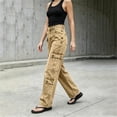 thumbnail image 3 of LEAVINGSUO Straight Leg Cargo Jeans Trousers for Women Fashion High Waisted Pockets Solid Color Button Zipper Casual Denim Pants Khaki XL, 3 of 7