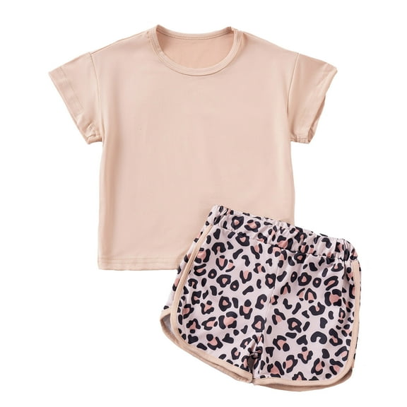 WOYY Girls Summer Outfits Casual Active Short Sleeve T-Shirt Leopard Shorts Set Kids Clothing Sets, Sizes 5-6
