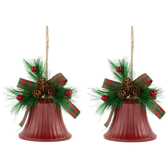 Bells with Pine Sprigs and Bow Christmas Ornaments- 7" - Red - Set of 2