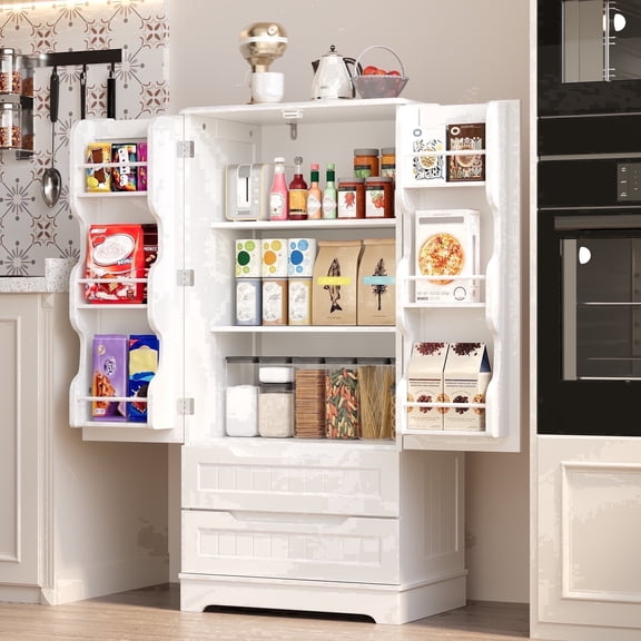 47" Small Kitchen Pantry Storage Cabinets with Doors and Shelves Clearance, Noelse Wooden Craft Organization and Storage Cabinet with 2 Drawers for Craft Room and Dining Room, White