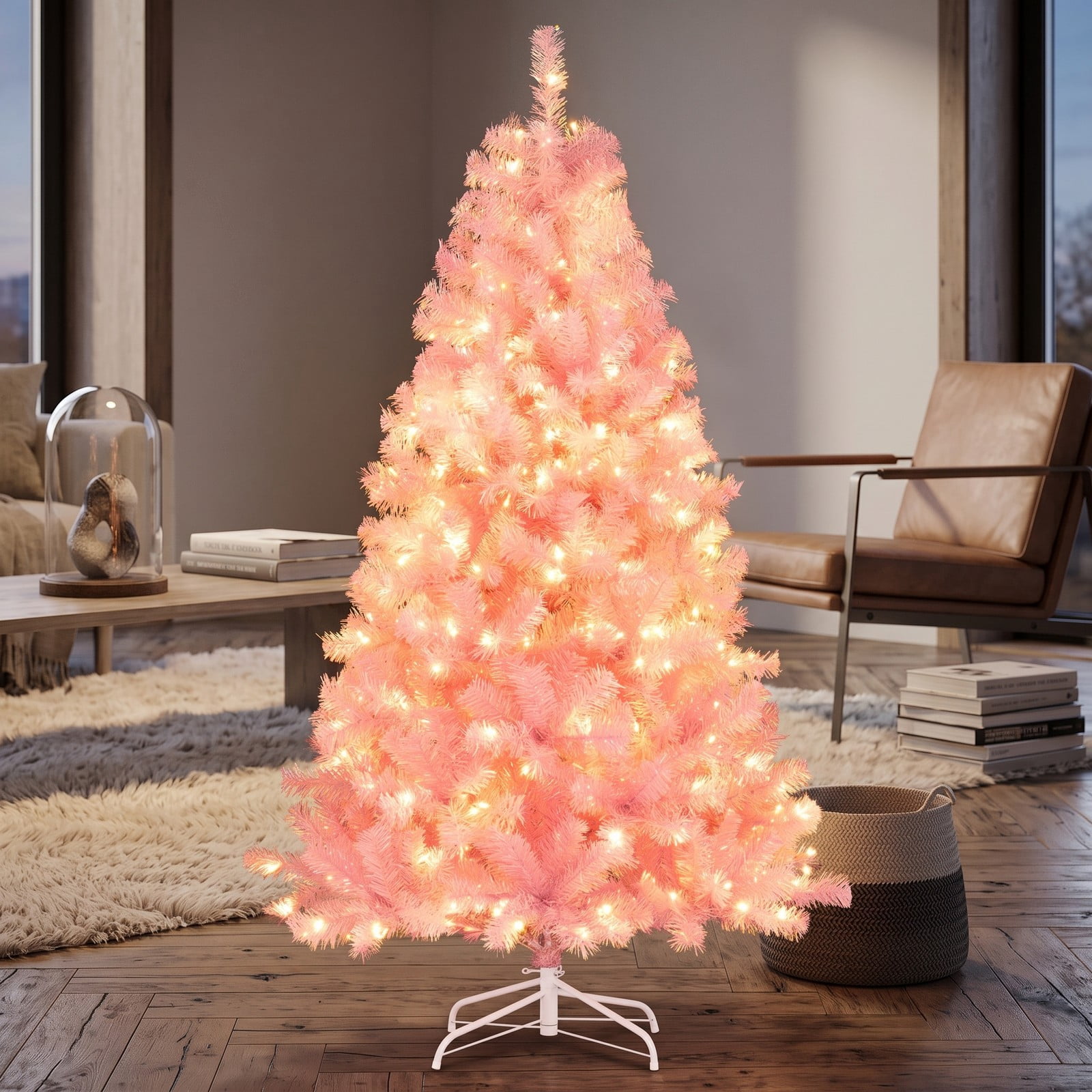 RUIE 6ft Pre-Lit Tinsel Christmas Tree, Artificial Xmas Tree with 250 Warm White LED Lights, 688 Lush Branch Tips, 8 Lighting Modes, Metal Base Holiday Decoration, Pink