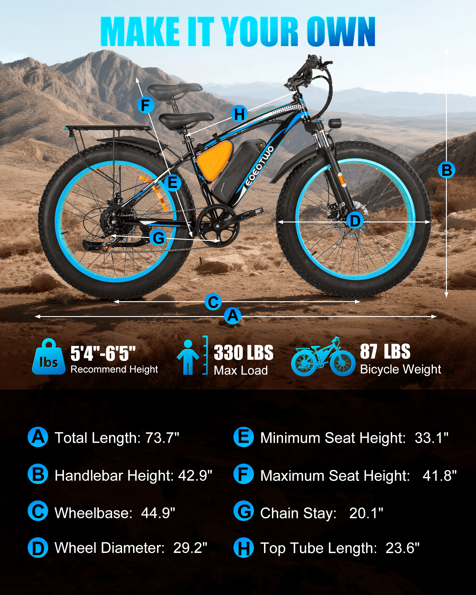 EOEOTWO 26*4.0 Fat Tire Electric Bike for Adults E-Mountain Bicycle,Peak 1500W Motor 48V20Ah Removable battery ,7-Speed Top Speed 30MPH Ebike UL2849