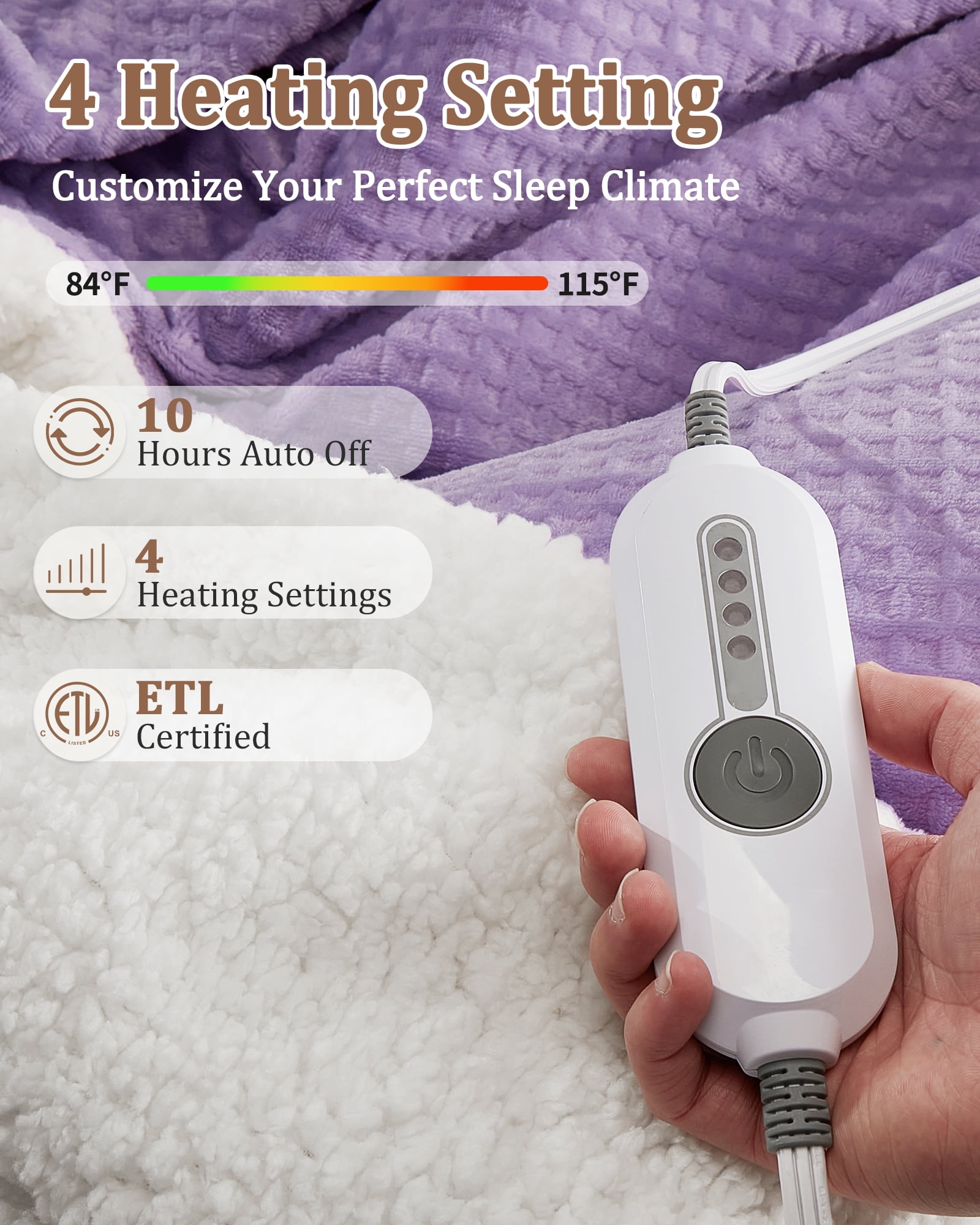 Heated Blanket Queen Size 84"x90", Waffle Electric Blanket with Dual Control, 4 Heating Levels & 10 Hours Auto Off, Machine Washable, Violet