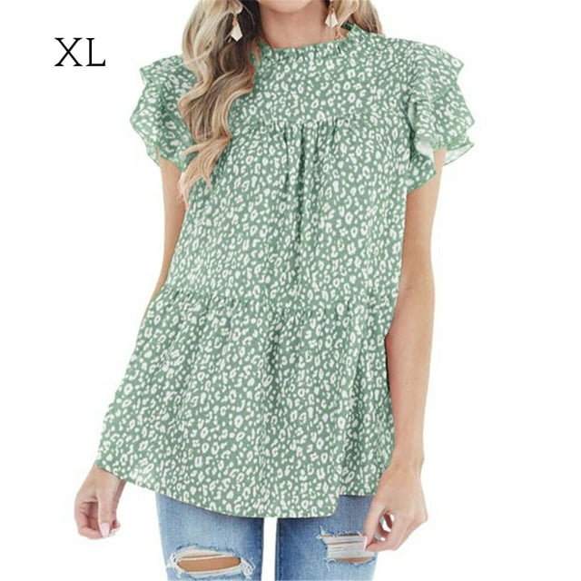Chemise Femme Imprimé Léopard Chemise Imprimée avec Manches à Volants Vêtements d'Été, Vert, TG