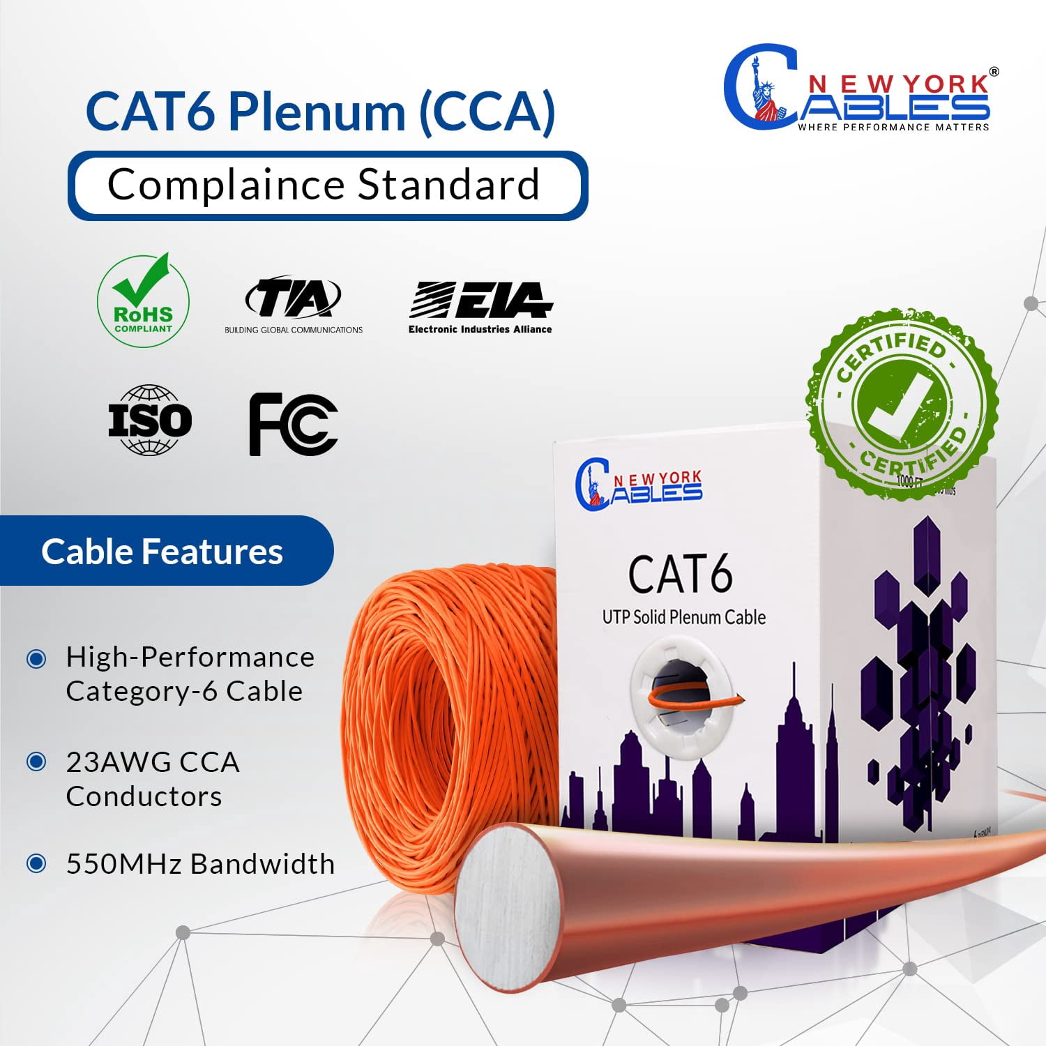 NewYork Cables Cat6 Plenum CCA 1000ft Bulk Ethernet Network LAN Cable UTP 4Pairs 550MHz 23AWG Orange