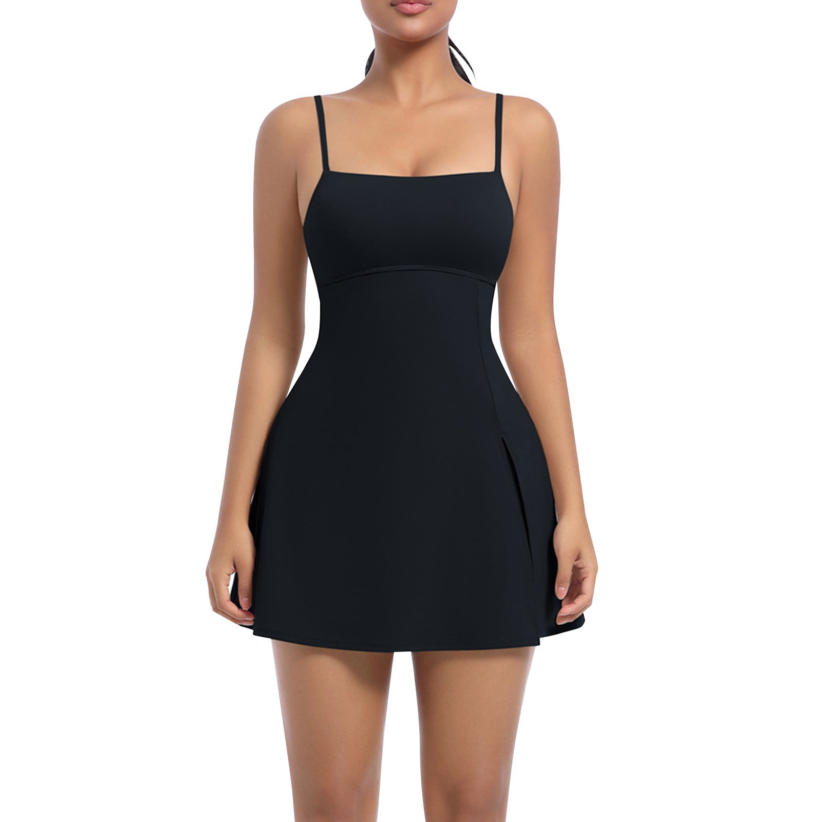 JGGSPWM Womens Square Neck Tennis Dress with Shorts Spaghetti Strap Backless Workout Side Slit Athletic Dresses Black S