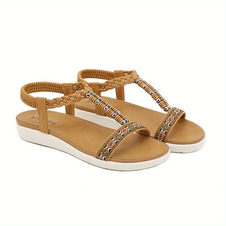 

Women‘s Boho Beads Braided T-strap Flat Sandals Comfortable Open Toe Elastic Strap Slip On Shoes Casual Beach Sandals