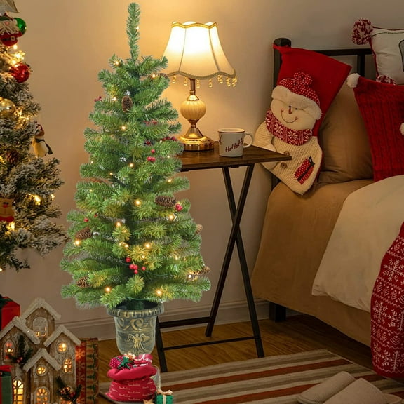 Makeatree 4FT Pre-lit Artificial Potted Small Christmas Tree with 50 Lights with 140 Branch Tips, Pine Cones&Red Berries, Battery Operated