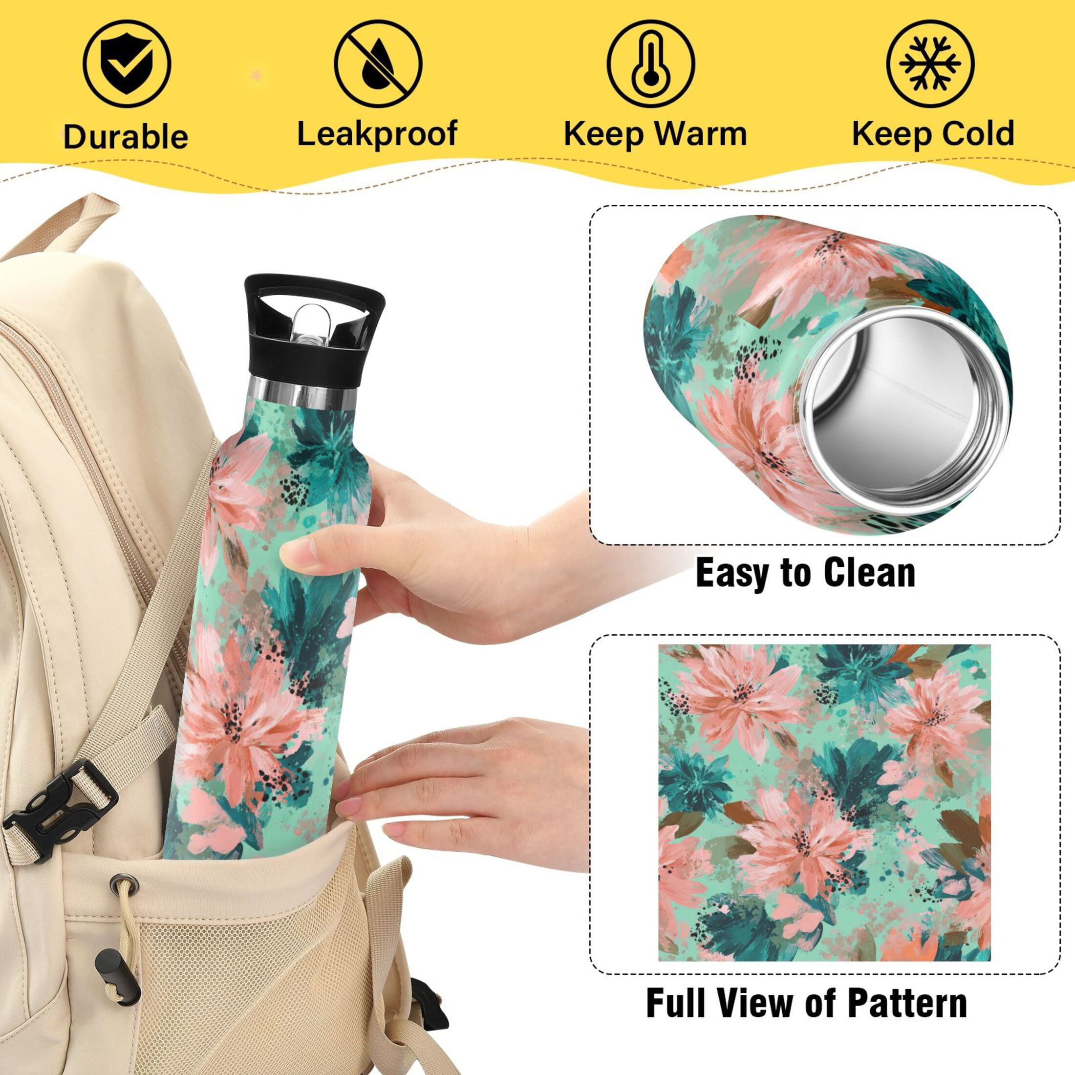 Kids Insulated Stainless Steel Sports Water Bottle 600ml (20oz) Pink Abstract Floral Patterns