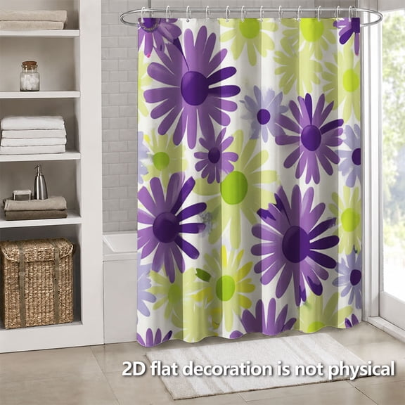 Hoease Purple Green Daisy Floral Shower Curtain, 71W x 71L Inch Waterproof Fabric Bathroom Curtain with 12 Hooks, Bohemian Floral Bath Decor