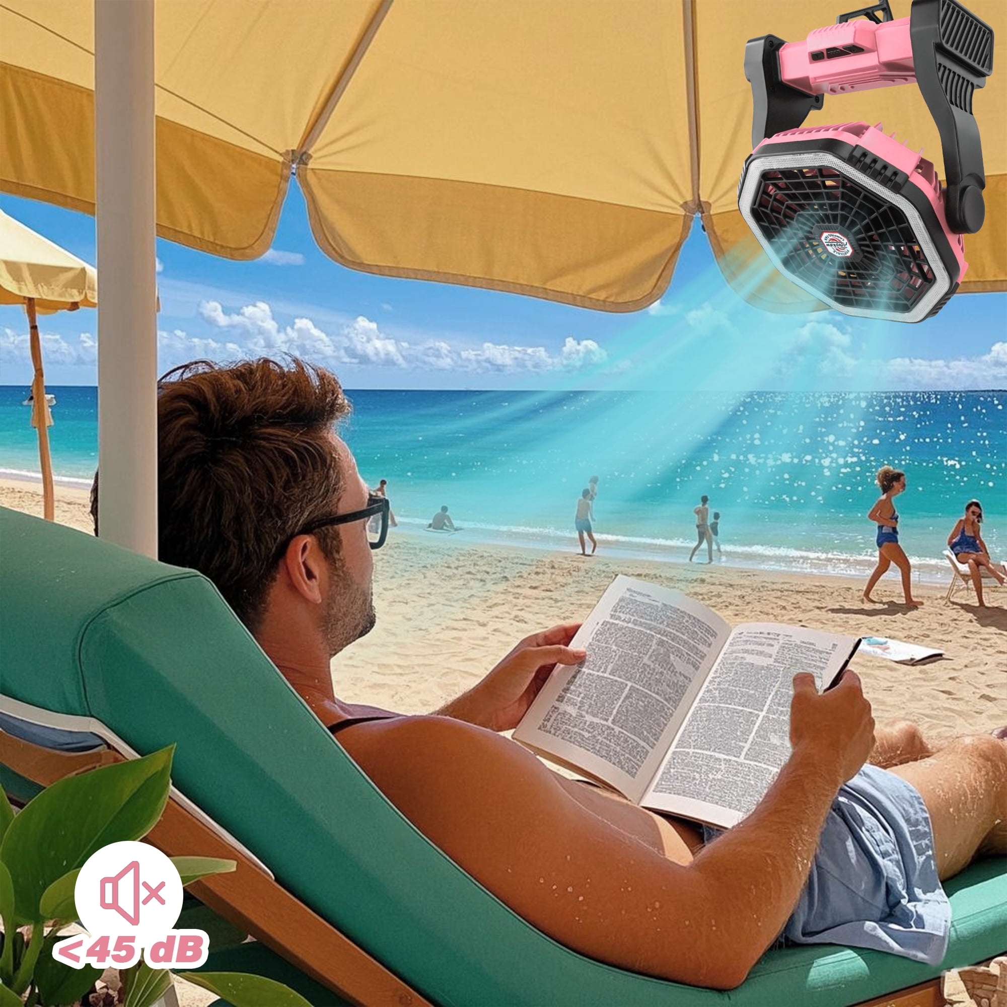 Roykaw Portable Fan for Travel, 10400 mAH Rechargeable Camping Fan, Cordless Battery Powered Fan with Led Light, Battery Fan with Handle, Hang Hook for Tent, Fishing, Hurricane Fan for Bedroom, Pink