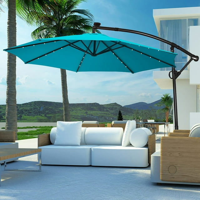 Costway Parasol Déporté de Patio 10 Pieds à DEL Solaires, Rotation à 360 Degrés, Aluminium, Turquoise