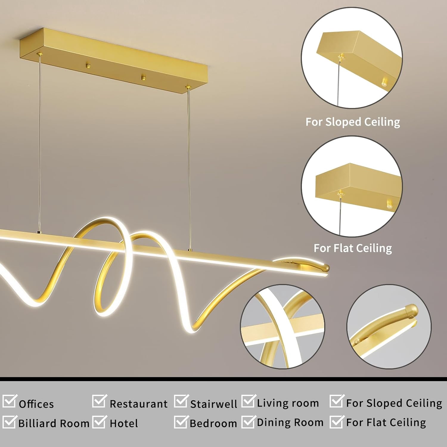 39inch Gold Chandelier Modern Ceiling Spiral Pendant Light Fixtures Hanging LED Color Temperature and Height Adjustable Chandeliers for Dining Room Living Room Bedroom Kitchen Island