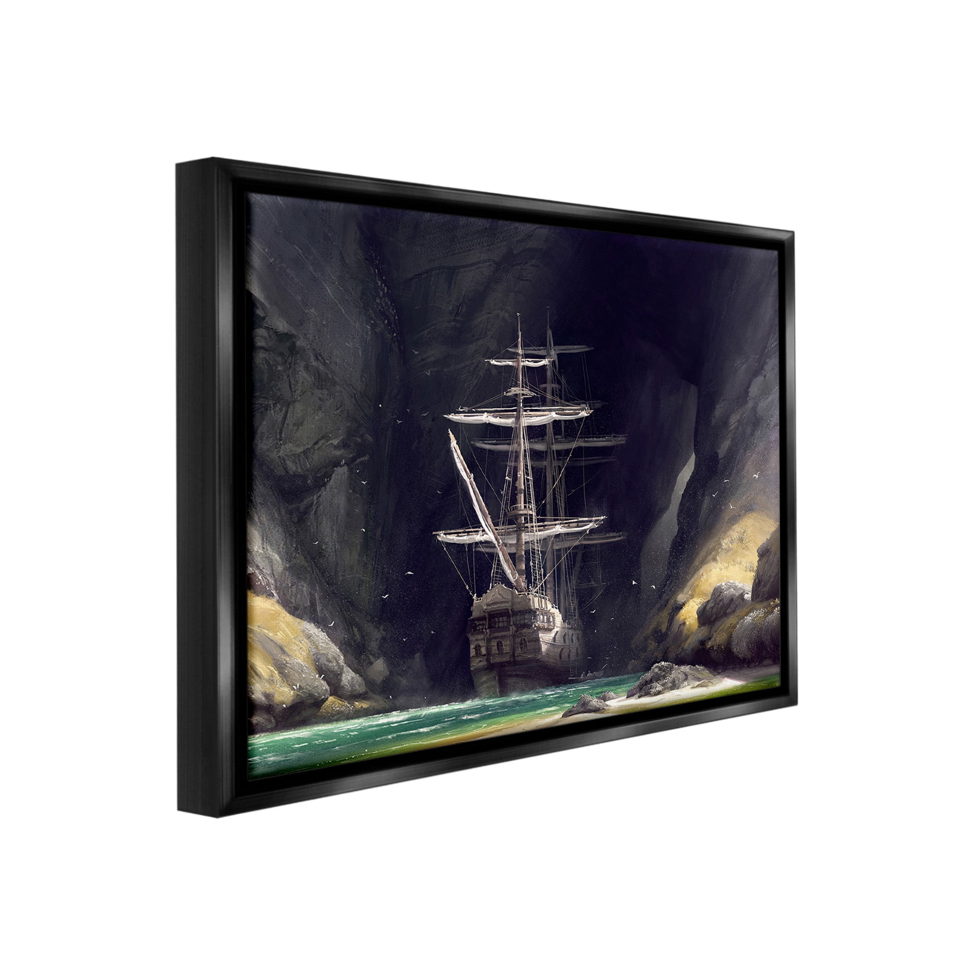 Stupell Industries Mysterious Ship in Cave Transportation Painting Black Floater Framed Canvas Art Print Wall Art, 21 x 17
