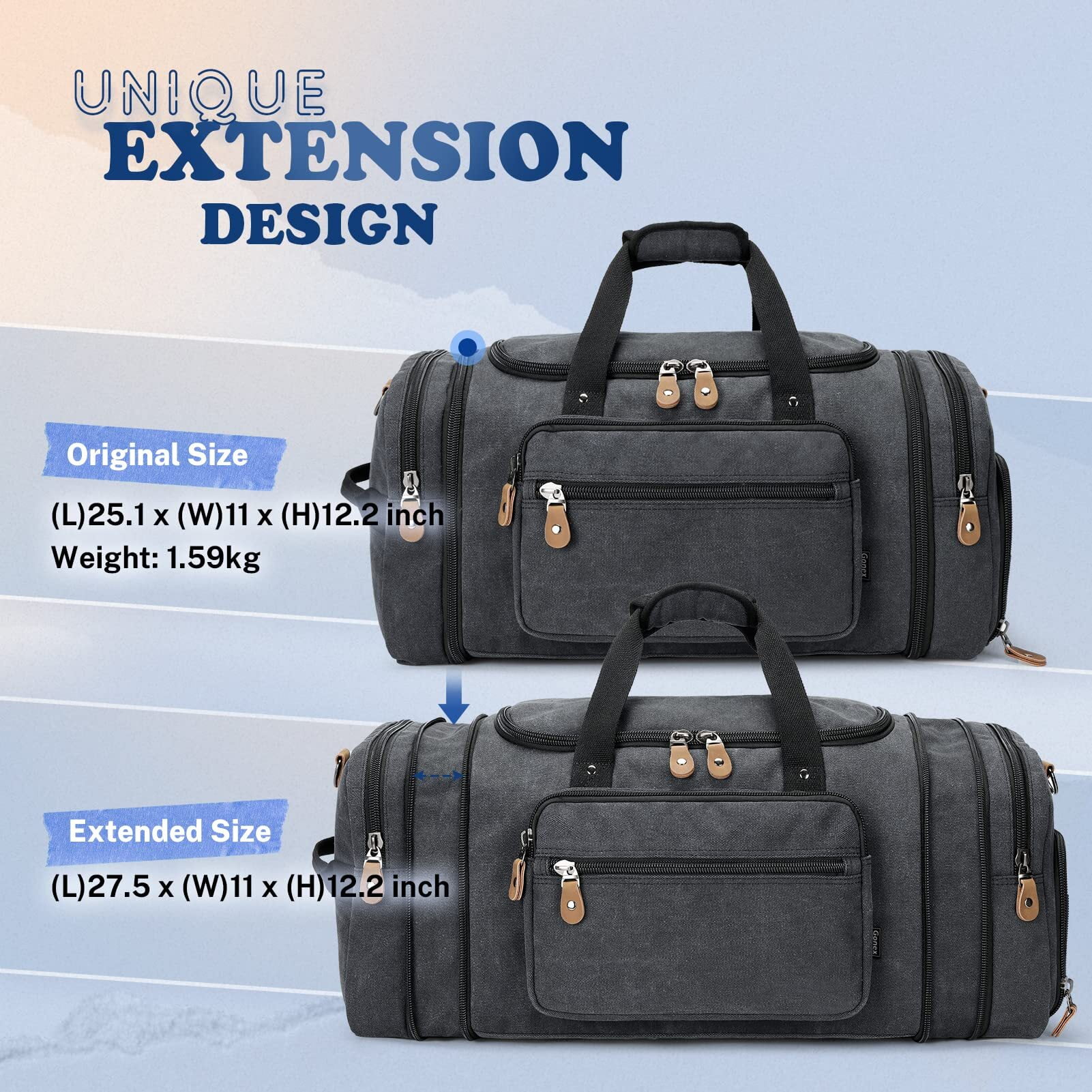 Gonex 60L Canvas Duffel Bags 27" Expandable Travel Duffle Overnight Weekender Bag with Shoe Compartment for Men Women