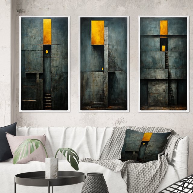 Designart "Vintage Wisdom Minimal Orange" Modern Geometric Framed Wall Art Set Of 3 - Gold Abstract Geometric Frame Gallery Wall Set For Home Decor